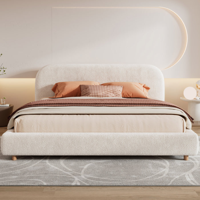 Lit plateforme Laurel avec coffre de rangement a levage hydraulique, tapisserie bouclee et espace de rangement cache sous le lit, taille King, blanc