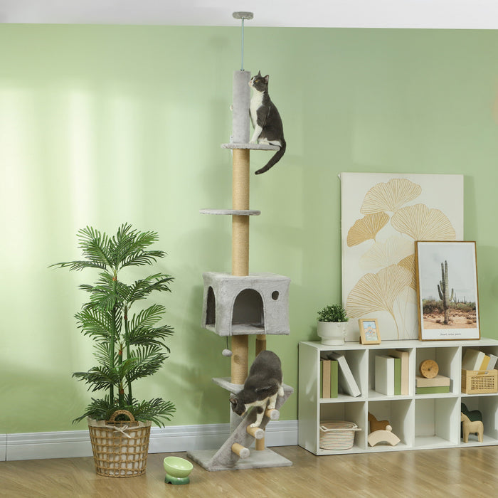 Pawhut Arbre A Chat Du Sol Au Plafond Pour Grands Chats Adultes, Tour A Chat Reglable En Hauteur De 89\"-104 Avec Griffoir, Maison Pour Chat, 3 Marches, Kit Anti-basculement, Gris