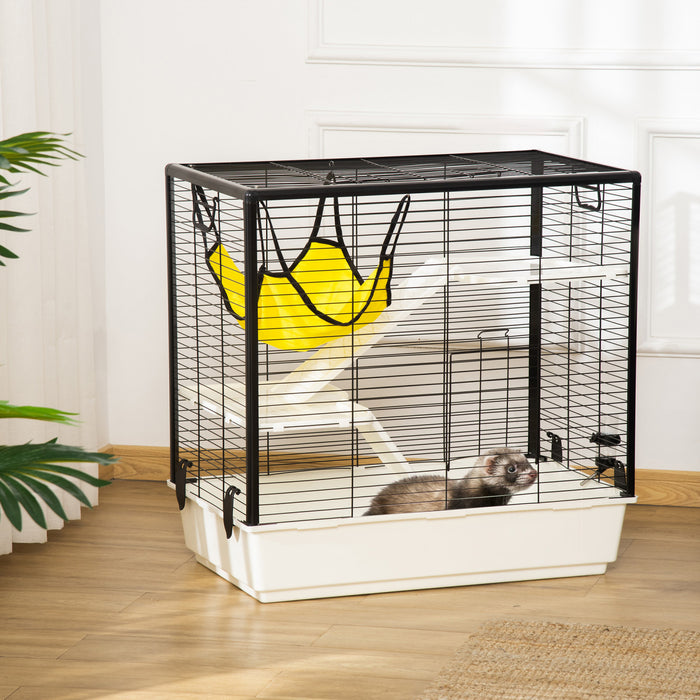 Pawhut Cage Petit Animal Habitat Interieur Cage Pour Cochons D'inde Furets Chinchillas, Avec Accessoires Hamac Bouteille D'eau Balcon Rampe Plat De Nourriture, 31.5\"x19\"x30.75\", Jaune