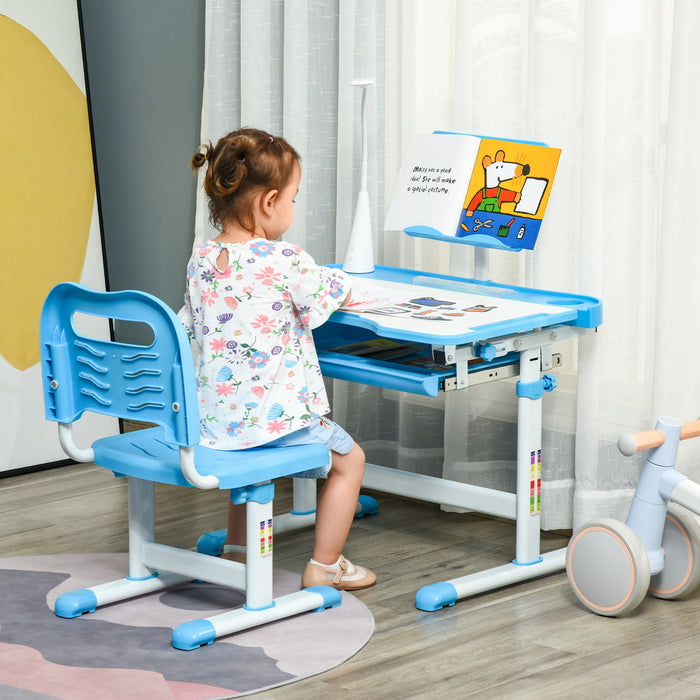 Qaba Ensemble De Bureau Et Chaise Pour Enfants Avec Bureau Inclinable, Lampe A Led, Boite A Stylos, Tiroir, Tableau De Lecture, Porte-gobelet, Fentes Pour Stylos, Bleu