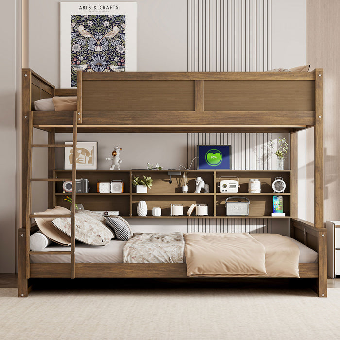 Lit superpose Liam en bois massif Full XL sur Queen avec rangement et ports USB, brun