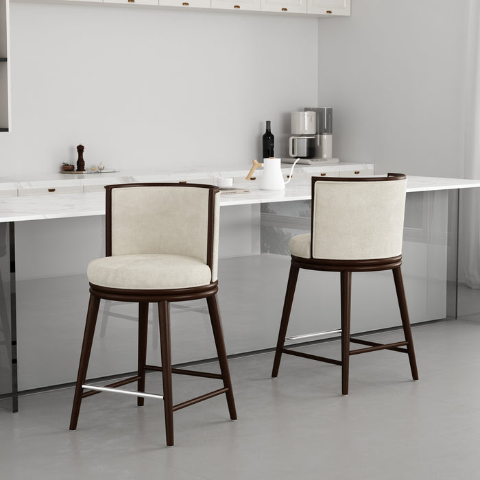 Tabouret de comptoir moderne en bois et tissu creme Evalyn - Lot de 2