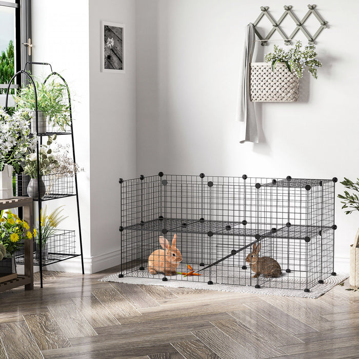 Cage Parc Enclos Pour Animaux Domestiques L 146 X L 73 X H 73 Cm Modulable 2 Niveaux 36 Panneaux Bords Arrondis Fil Metallique Noir