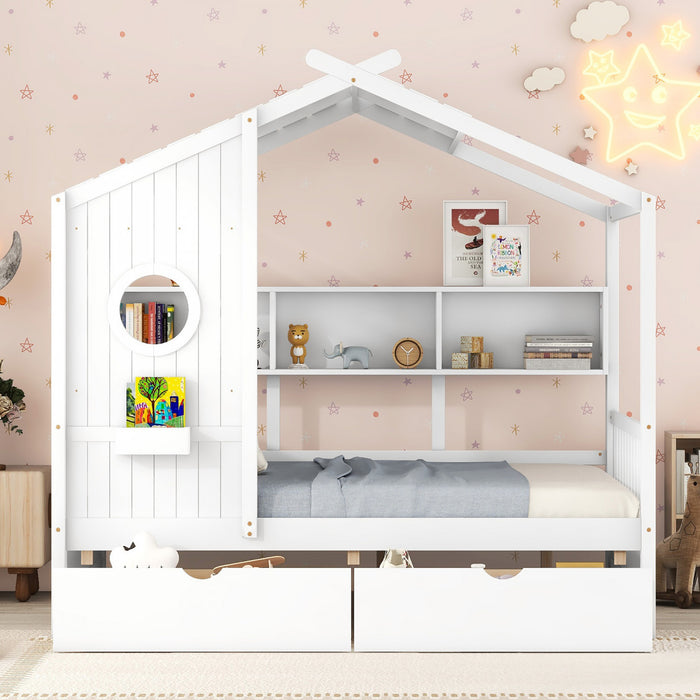 Lit Maison Jeames en Bois avec 2 Tiroirs de Rangement et Etagere, Taille Full - Blanc