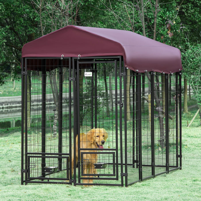 Pawhut Niche D'exterieur Pour Chien, Caisse Verrouillable Pour Parc Pour Animaux De Compagnie, Cloture En Acier Soude, Avec Auvent Resistant A L'eau Et Aux Uv, Supports De Bol Rotatifs, Porte