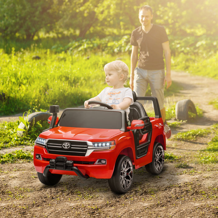 Qaba Voiture Electrique 12 V Pour Enfants, Voiture Pour Enfants Sous Licence Toyota Land Cruiser Avec Telecommande, Suspension A Ressorts, Lumiere Led, Musique, Klaxon, Rouge