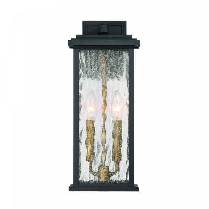 Applique Murale D’exterieur Estate A 2 lampes De 17 po, Noir Et Laiton Avec Verre A Gouttelettes