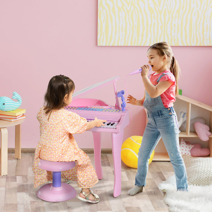 Qaba Mini Piano Musical Electronique 37 Touches Clavier Multifonction Enfants Jouet Avec Microphone Tabouret (rose)