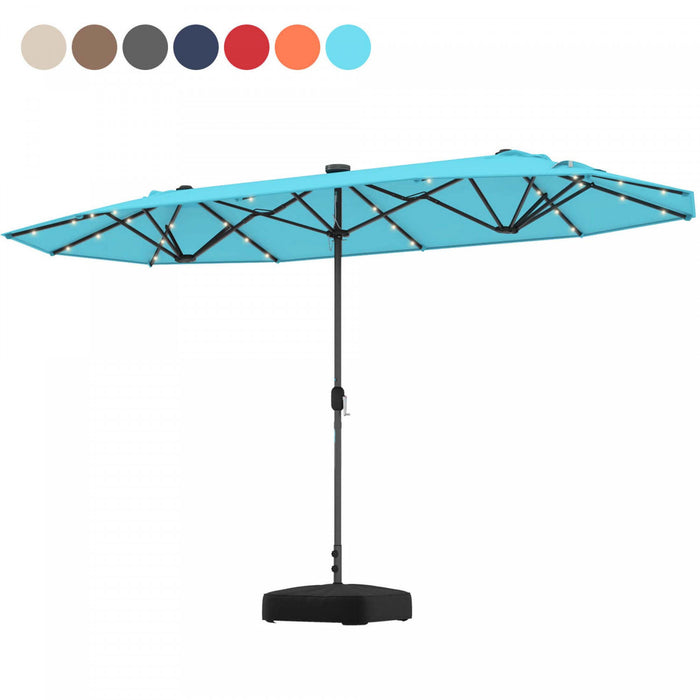Parasol double face Costway 13 pieds avec lumiere solaire, manivelle et base de parasol turquoise