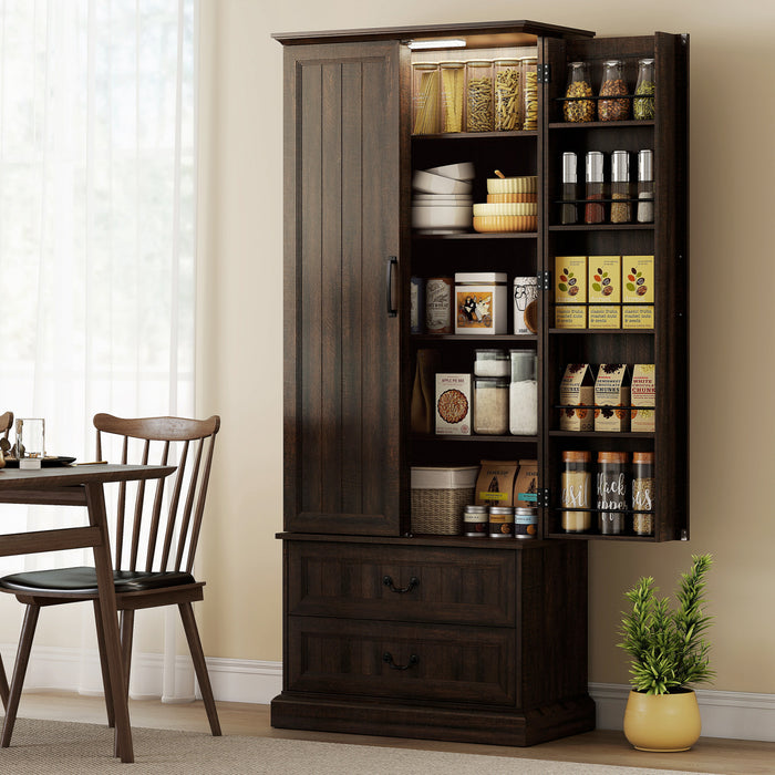 HOMCOM Armoire de cuisine 72\" avec eclairage LED et etageres de porte, Brun