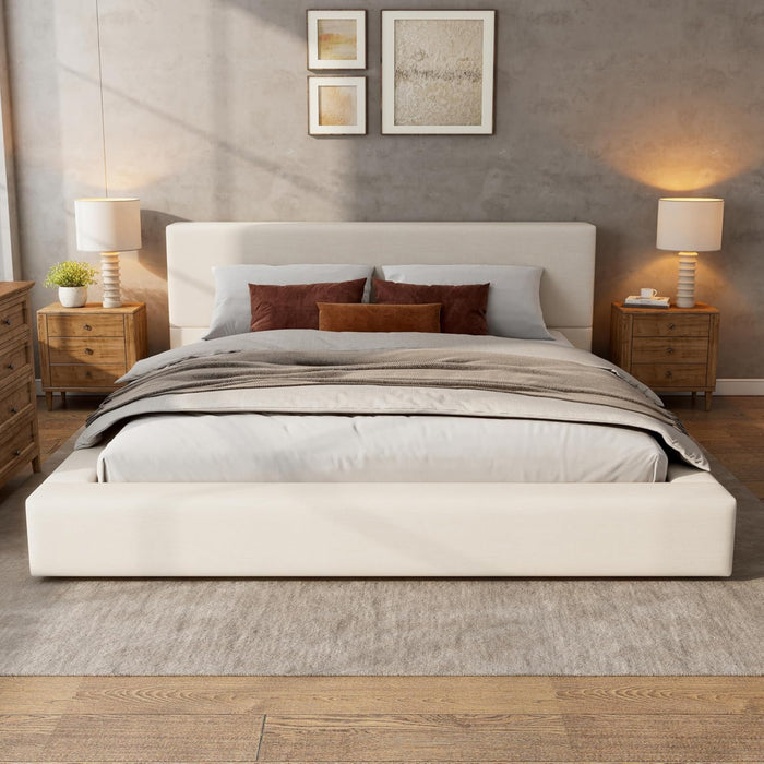 Lit plateforme rembourre Connor avec tete et pied de lit en lin, taille King, beige