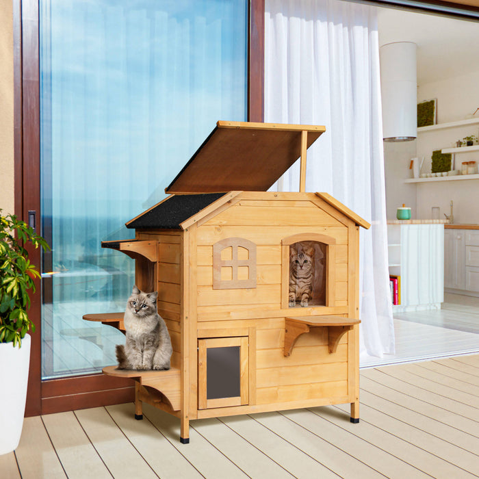 Pawhut Condos Pour Chat En Bois Massif Pour Animal Domestique Etanche A L'eau Villa D'exterieur A 2 Etages, Bois Naturel