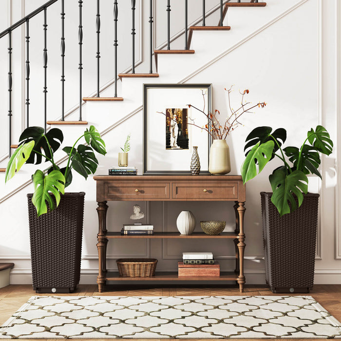 Costway 23 \"planteurs Hauts Ensemble De 2 Pot De Plante En Mousse De Rattan Pot D'arbre Arrosant Automatiquement Brown