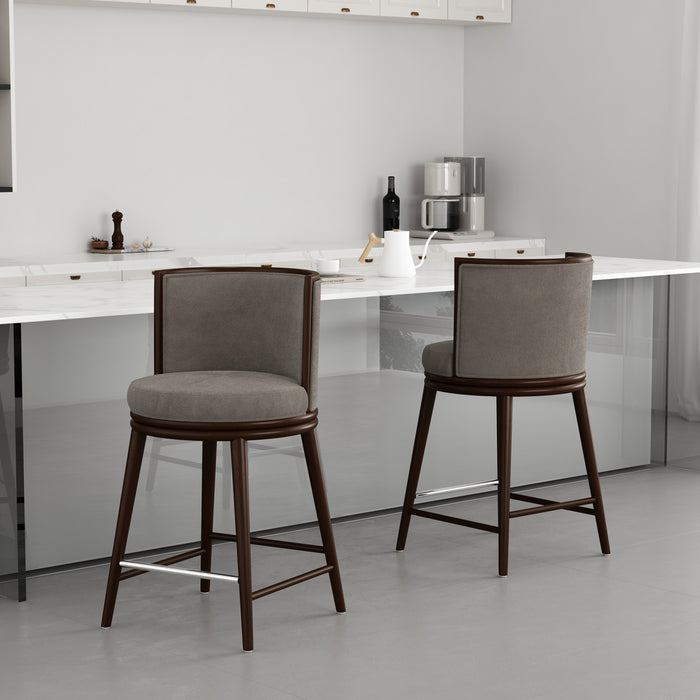Tabouret de comptoir moderne en bois et tissu creme Evalyn - Lot de 2