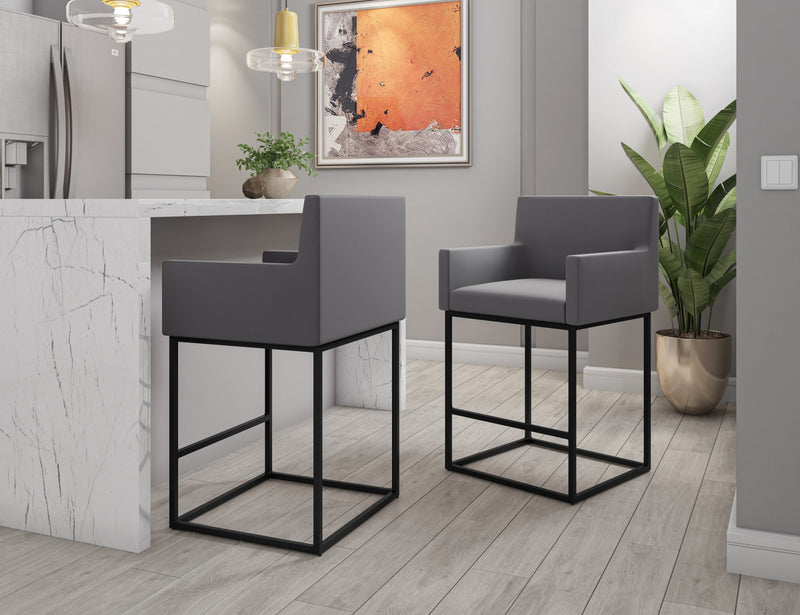 Tabouret de comptoir rembourre en metal gris style mid-century modern Ambassador - Lot de 3