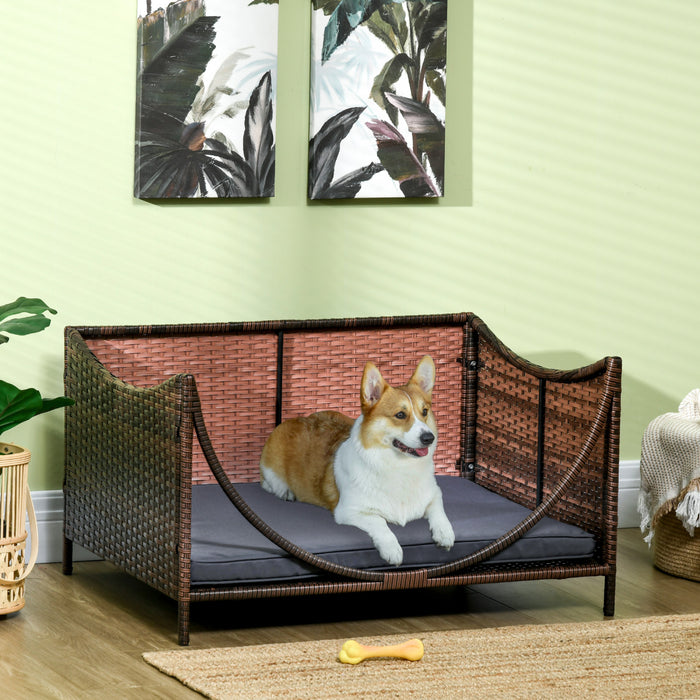 Pawhut Lit En Rotin Pour Chiens Et Chats De Petite Taille Et De Taille Moyenne, Niche En Osier Pour Chien A L'exterieur Avec Coussin Resistant A L'eau, 35\"x28\"x20\", Brun