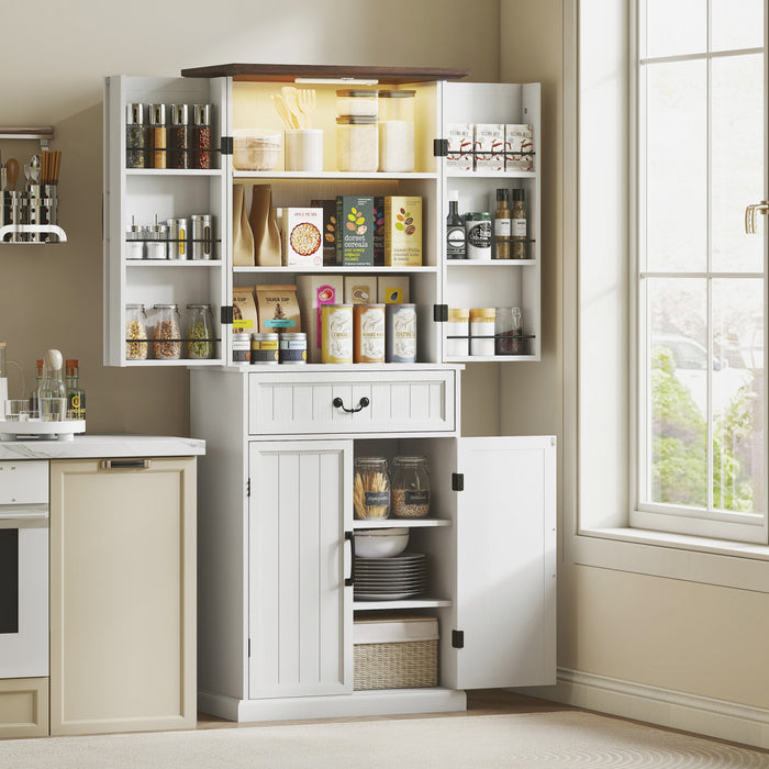 HOMCOM Armoire de cuisine avec eclairage, meuble de rangement, blanc