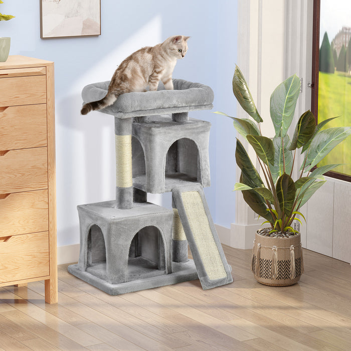 Pawhut Tour D'arbre A Chat En Peluche Centre D'activites Avec Poteau A Gratter En Sisal Planche A Gratter Condo Gris Clair