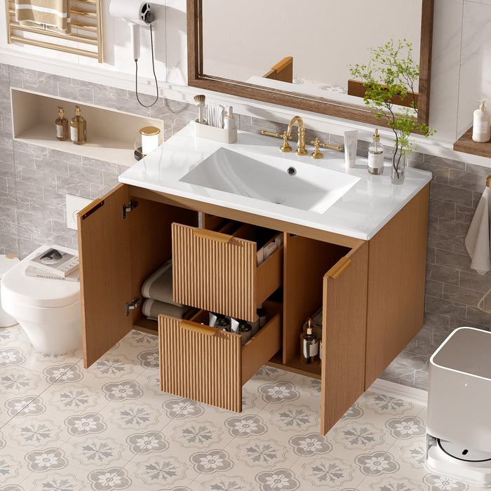Aiden meuble de salle de bain mural 36 pouces avec rangement a fermeture douce et vasque en ceramique, bois