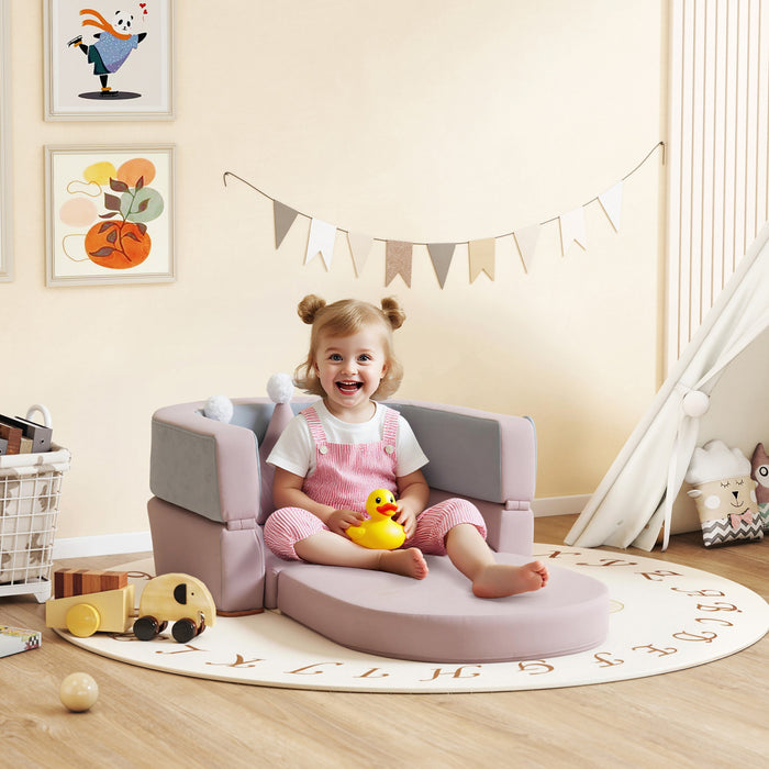 Qaba Canape Enfant 3-en-1 Convertible avec Coussin Couronne, Rose