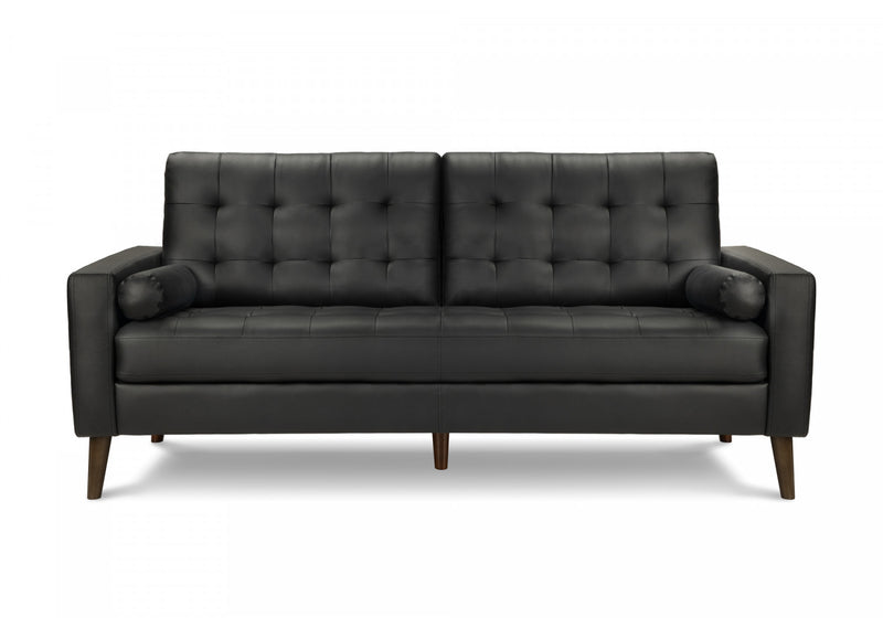 Sofa Rembourre, 75\"L, Coussins Decoratifs, Pieds En Bois Massif, Aspect Cuir Noir, Moderne