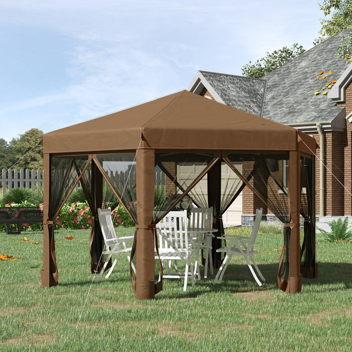 Outsunny 13' X 11' Heavy Duty Pop Up Canopy Avec Forme Hexagonale, Filet Lateral A 6 Mailles, Hauteur Reglable A 3 Niveaux Et Armature En Acier Solide, Marron Fonce