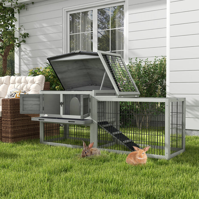 Pawhut Clapier A Lapin En Bois Massif, Maison Pour Cochon D'inde, Habitat Exterieur Pour Petits Animaux Avec Rampe, Toit Ouvrant En Asphalte Resistant Aux Intemperies, Plateau Coulissant, Gris Clair