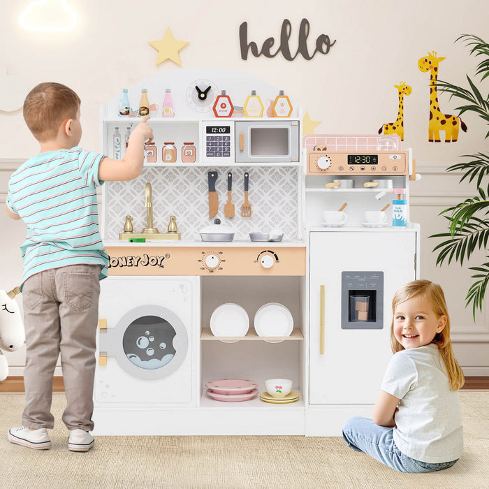 Honeyjoy Jeu De Cuisine Pour Enfants Jeu De Cuisine En Bois Avec Horloge, Micro-ondes, Evier, Plateau Blanc