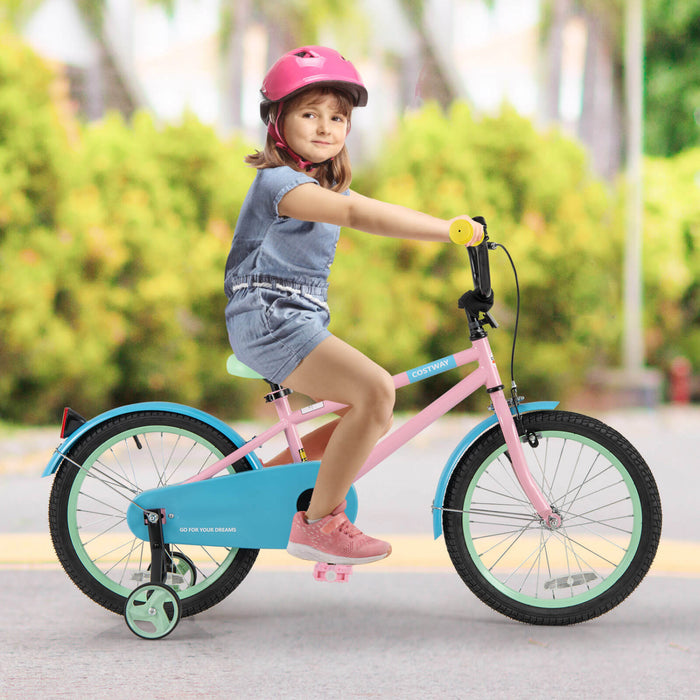 Costway 18\" Velo Pour Enfants Avec Guidon De Selle Reglable Roues D'entrainement Amovibles Frein A Main Rose