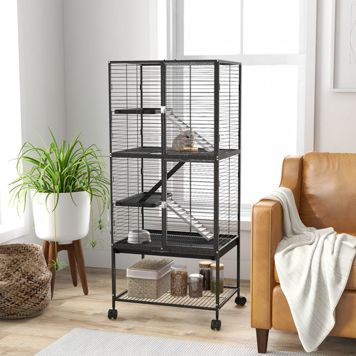 Pawhut Cage A Furet Roulant 53,5 Po De Hauteur Pour Petits Animaux, Cage A 4 Niveaux Pour Chinchillas, Etagere De Rangement, 3 Portes, Bol, Bouteille D'eau, Rampes, Gris