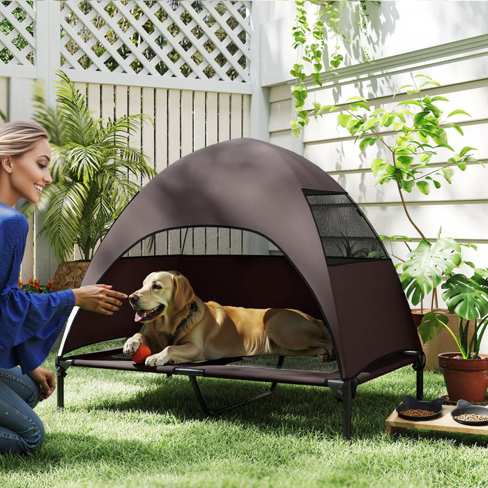 PawHut Lit pour Chien Sureleve avec Toile, Lit pour Animaux avec Cadre en Acier, Maille Respirante Lavable, Parfait pour Camping & Jardin, 106 x 76 x 99 cm, Marron