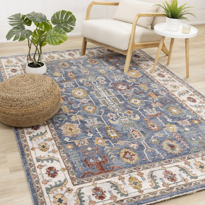 Tapis Olivia bleu a inspire tribal avec bordure, 5'3\" x 7'10\"