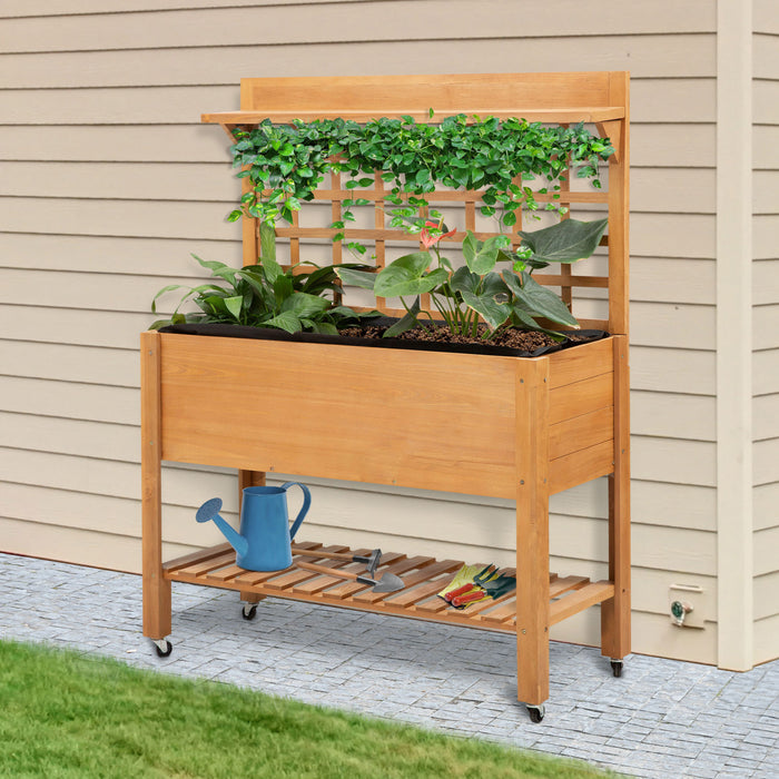 Outsunny 41,25\"x15,75\"x53,25\" Jardiniere En Bois Surelevee Jardiniere Surelevee Jardiniere A Fleurs Boites A Herbes Pour Legumes Fleur Avec Etagere Et Roues En Bois Massif Exterieur/interieur