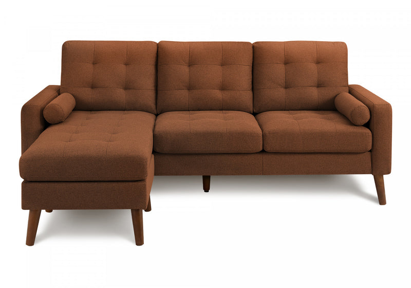 Sofa Chaise Longue Rembourre, 85\"L, Tissu Rouille, Pieds En Bois Massif De Noyer, Moderne