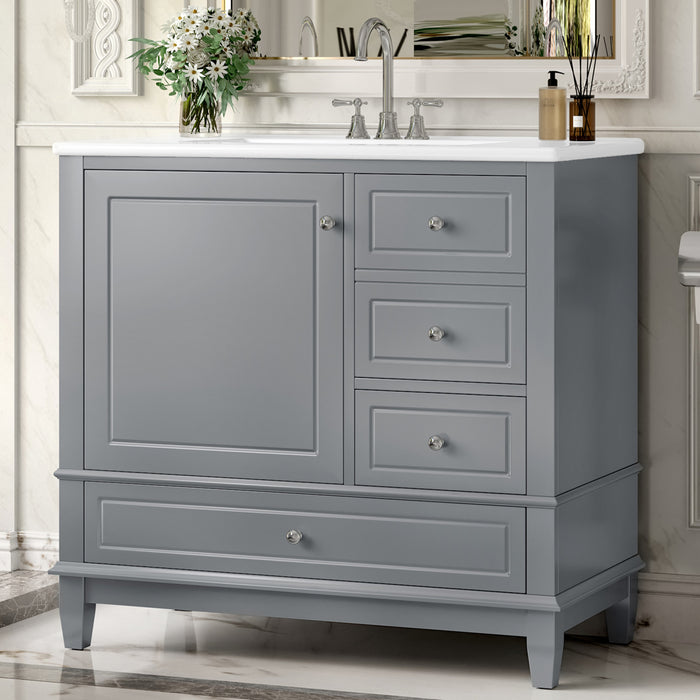 Fanny Meuble-lavabo de 36\" avec vasque en ceramique et charnieres a fermeture douce, Gris