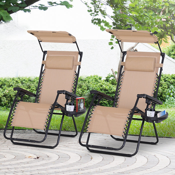 Chaise Longue Pliable 2 Pieces Outsunny Avec Auvent, Beige