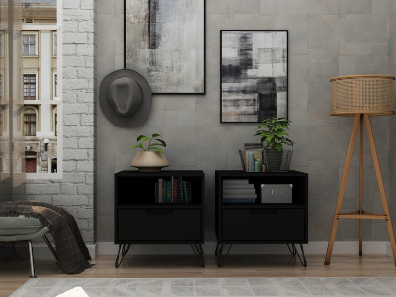 Table de nuit Rockefeller Mid-Century Modern 20\" en noir (1 tiroir) - Lot de 2