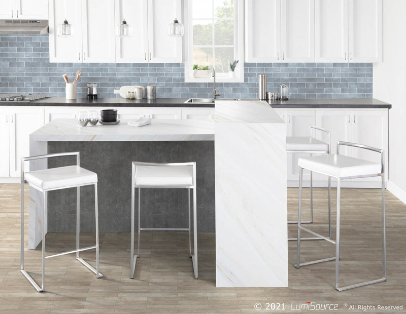 Tabouret bar superposable contemporain Fuji en similicuir blanc - ensemble de 2