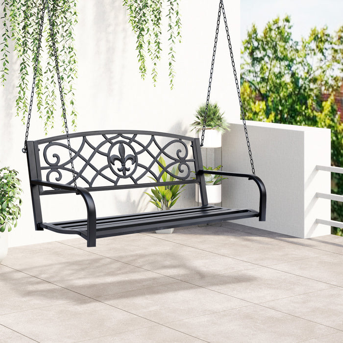Outsunny 50\"l Balancoire De Porche En Acier Fleur-de-lis Banc De Jardin Suspendu Siege De Chaise De Planeur D'exterieur Pour 2 Personnes Avec Chaine Patio De Pelouse De Style Antique Avec Chaine Noir