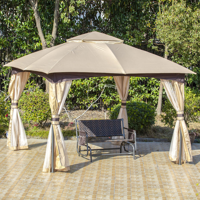 Outsunny 11' X 11' Abri De Tente De Fete En Acier Avec Toit Double, Parois Laterales En Filet, Rideaux D'angle, Beige