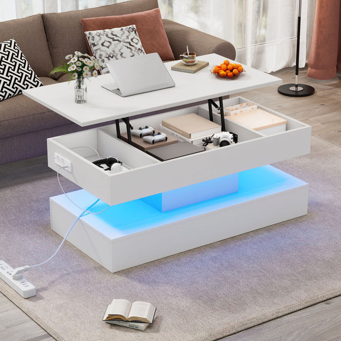Flexi Table Basse Relevable Hydraulique 39.9 po avec Eclairage LED et Rangement Cache, Blanc