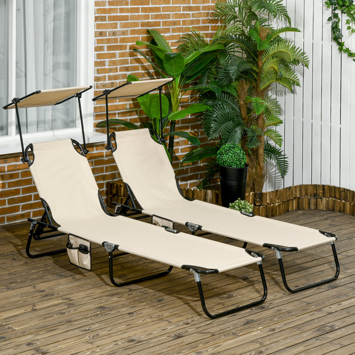 Outsunny Chaise Longue 2 Pieces Avec Dossier Reglable Et Pare-soleil, Beige