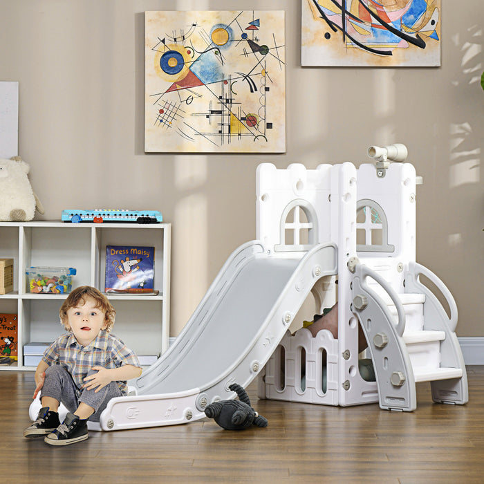 Qaba Toboggan 4 En 1 Pour Enfants Ages De 1 A 3 Ans Avec Panier De Basket, Grimpeur, Telescope, Panier De Rangement, Pour Usage Interieur, Gris