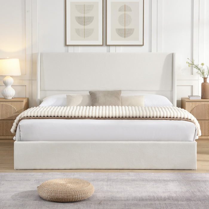 Liam Lit plateforme rembourre avec tete de lit a ailes, taille King, beige