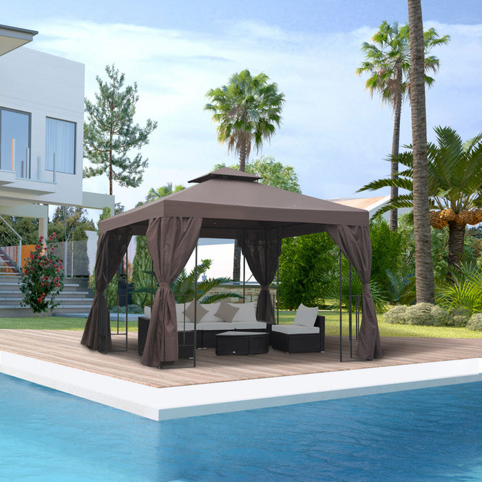 Outsunny 10' X 10' Pavillon De Jardin Tonnelle Barnum Gazebo Avec Parois Laterales Brun