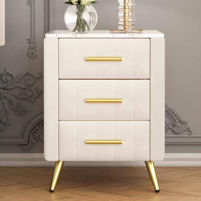 Table de chevet Dylan en bois rembourre avec 3 tiroirs et pieds en metal, beige