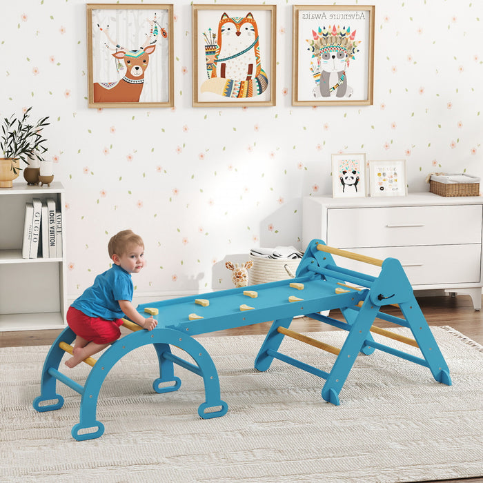 Qaba Ensemble triangle Pikler 5 en 1, jouets d'escalade pliables en bois avec arche, rampe et echelle, aire de jeux interieure Montessori pour tout-petits de 1 a 4 ans, bleu
