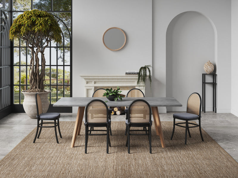 Chaise de salle a manger Paragon Industry Chic avec dossier en cannage, bois et assise rembourree, noir et gris - Lot de 4