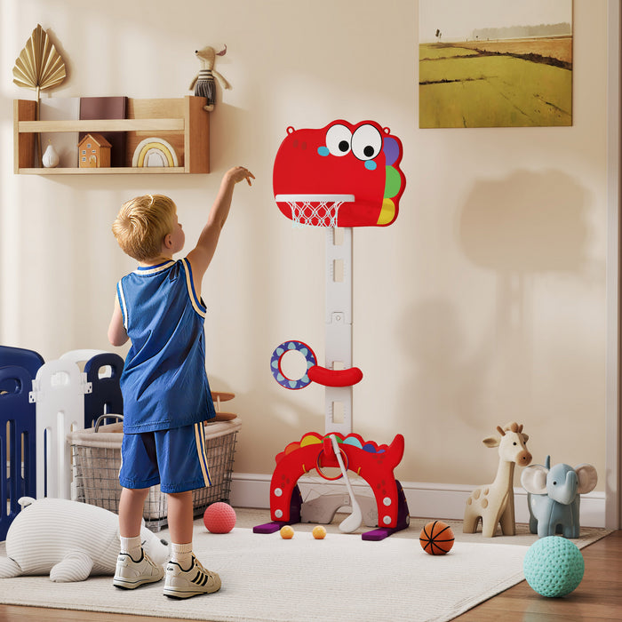 Panier de basketball Qaba 5 en 1 pour tout-petits, hauteur reglable de 1,34 a 1,52 m, avec jeux de soccer, de golf et de lancer d'anneaux. Cadeau d'anniversaire ideal pour les enfants de 3 a 6 ans (garcons et filles). Utilisation interieure. Couleur : rouge.