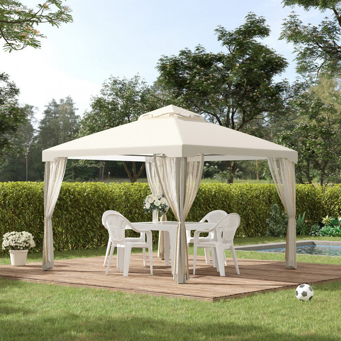 Outsunny 9.7' X 9.7' Abri De Jardin Pavillon Exterieur Double Toit Evenement De Jardin\nCour De Tente De Fete Pare-soleil En Acier Cadre Avec Moustiquaire Blanc Creme